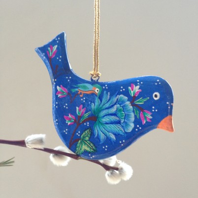 Hand painted flat bird decoration, blue with floral design