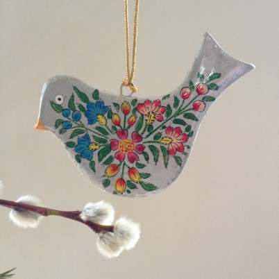 Hand Painted papier mache  flat silver bird decoration with flora splashl design