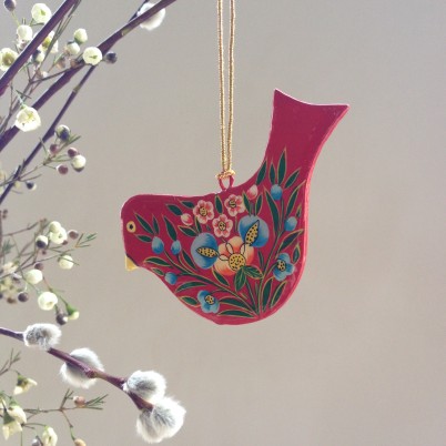 Hand Painted Papier Mache Red Bird Decoration, a flat red bird with floral design and gold string for hanging