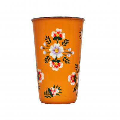 Tumbler hand painted enamel tangerine orange with jasmine White  posy
