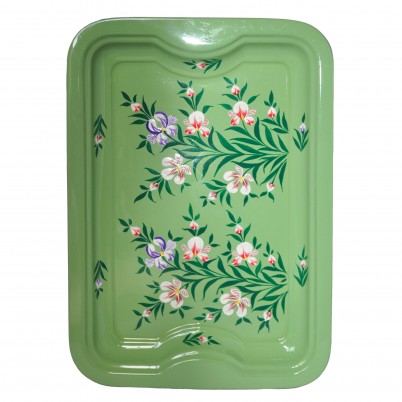 Hand Painted Enamelware Tray Sage Green with Floral Splash