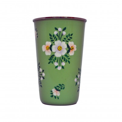 Hand painted enamelware tumbler sage green with white posy