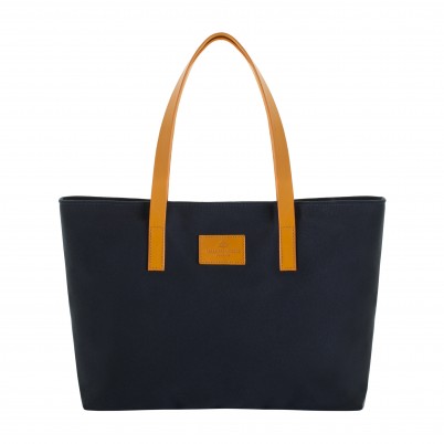 Navy canvas tote with leather handle front