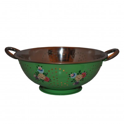 Bright Green enamelware Colander Colourful posy