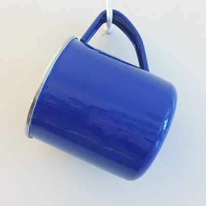Bright Blue Handpainted Enalmelware Mug Jasmine White London Hanging