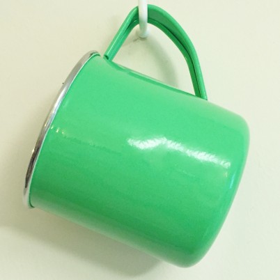 Bright Green Hand Painted Enamelware Mug Jasmine White London hanging