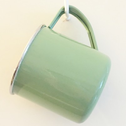 Sage Green Colour Block Handpainted Enamelware Mug Jasmine White London Hanging