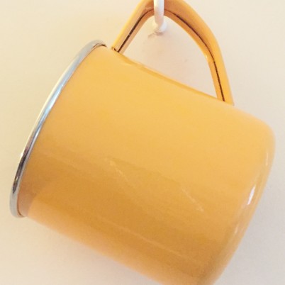 Tangerine Handpainted Colour Block Enamelware Mug Jasmine White London Hanging