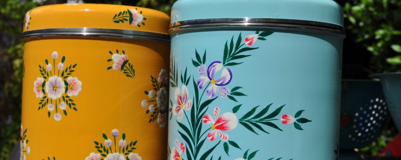 Handpainted enamelware Storage Jars in Tangerine White Posy and Duck Egg Iris designs by Jasmine White