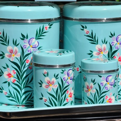 Handpainted enamelware Duck Egg Iris Storage Jar with Handpainted Large Tea Caddy and Handpainted Small Tea Caddy and Handpainted enamelware Rectangular Tray
