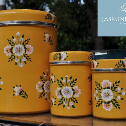 Handpainted enamelware Tangerine White Posy Storage Jar with Handpainted enamelware Tangerine White Posy Large Tea Caddy and Hand Painted enamelware Tangerine White Posy small Tea caddy