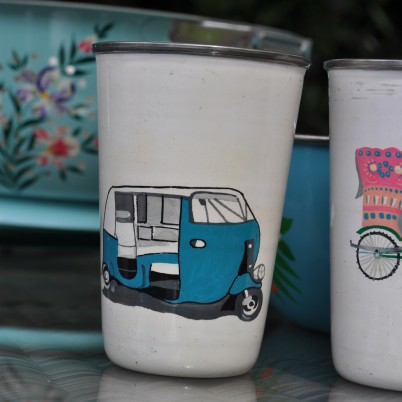 Handpainted Blue Autorikshaw Enamelware Tumbler