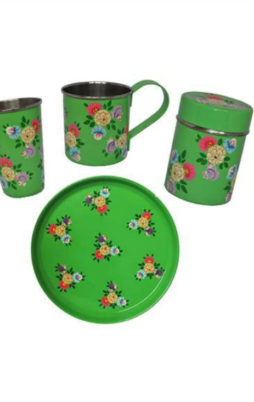 Jasmine White handprinted enamelware Mug, Tumbler, tea caddy and Tray set