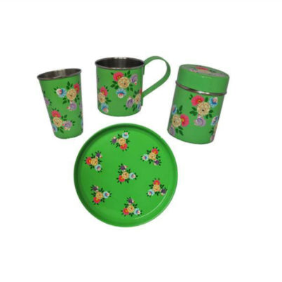 Jasmine White handprinted enamelware Mug, Tumbler, tea caddy and Tray set