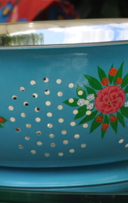 Turquoise Magenta Posy enamelware handpainted colander by Jasmine White London