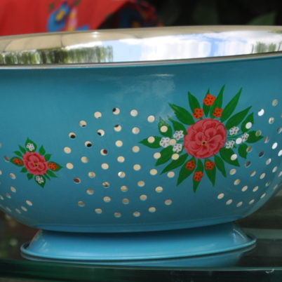 Turquoise Magenta Posy enamelware handpainted colander by Jasmine White London