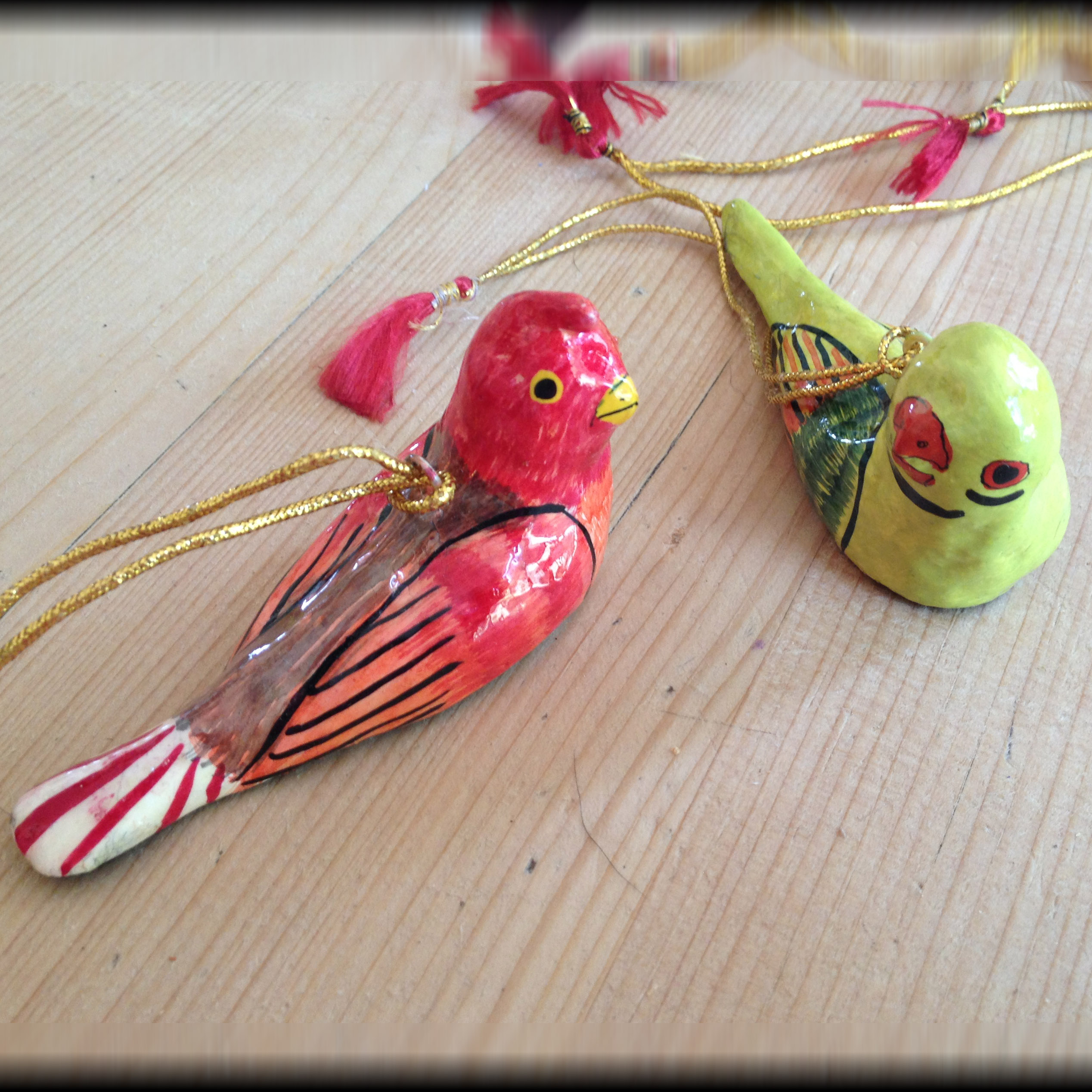 Hand Painted Papier Mache Red Orange and Yellow Bird Decorations 