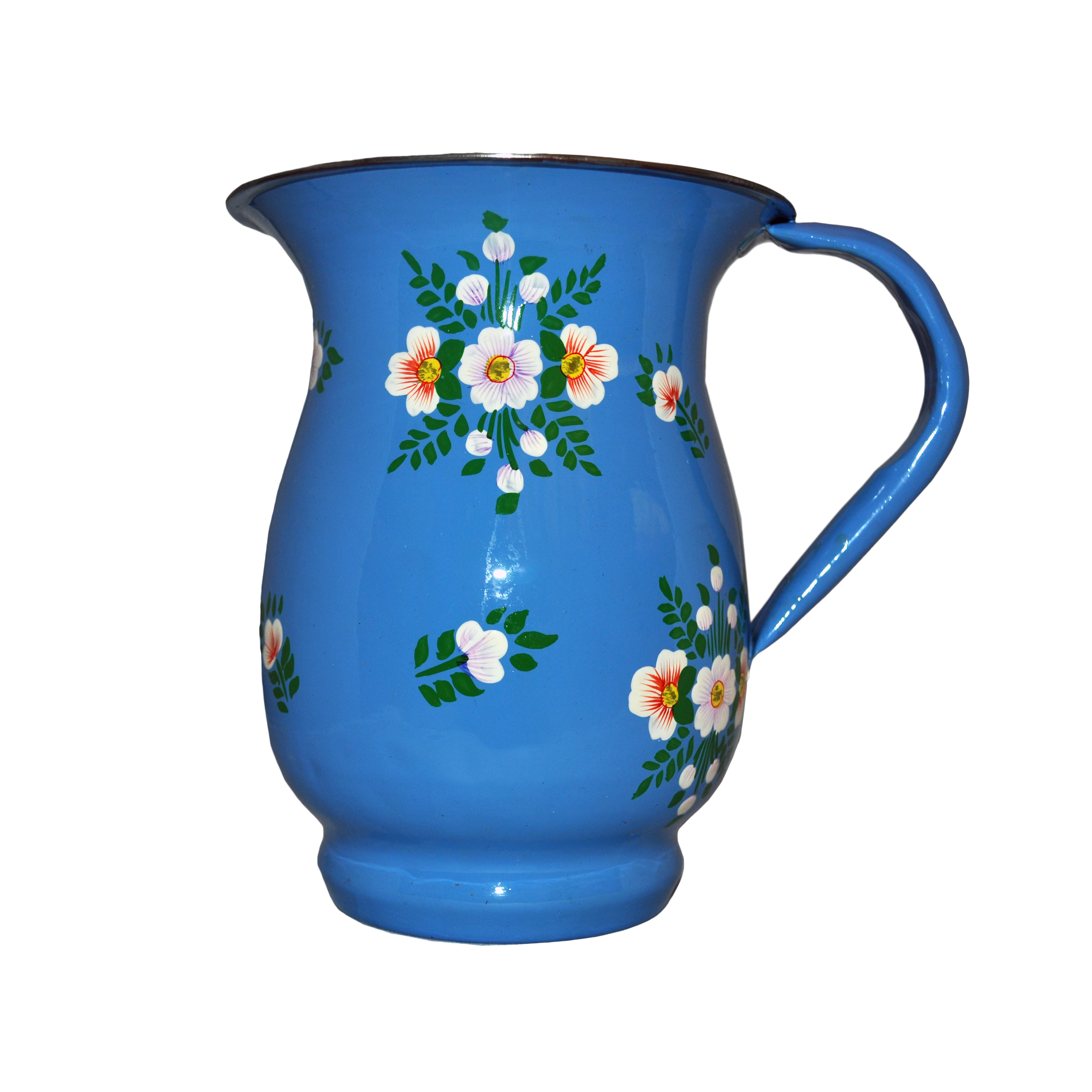 Azure Blue Enamelware Jug with white posy
