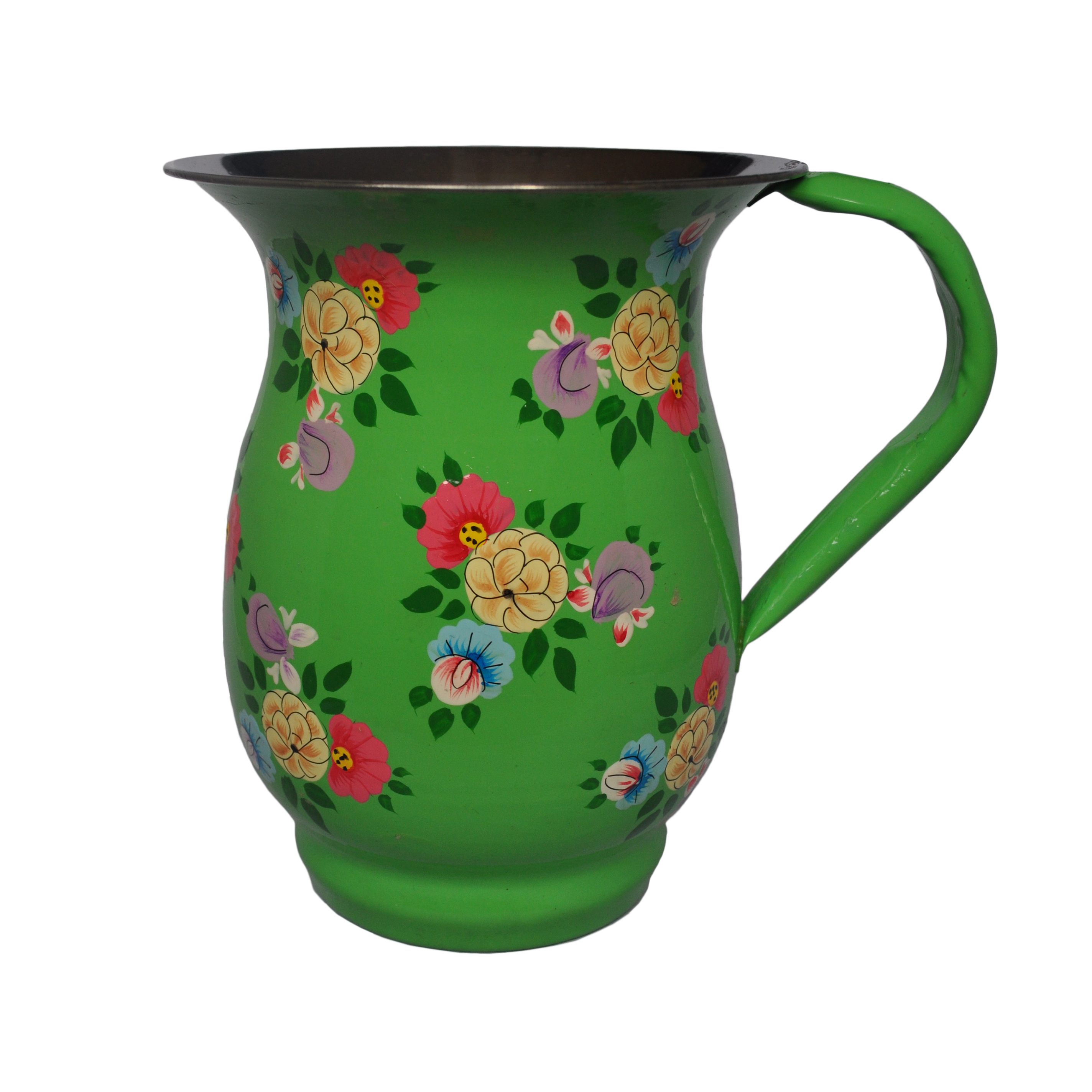 Bright Green Enamelware Jug with colour posy