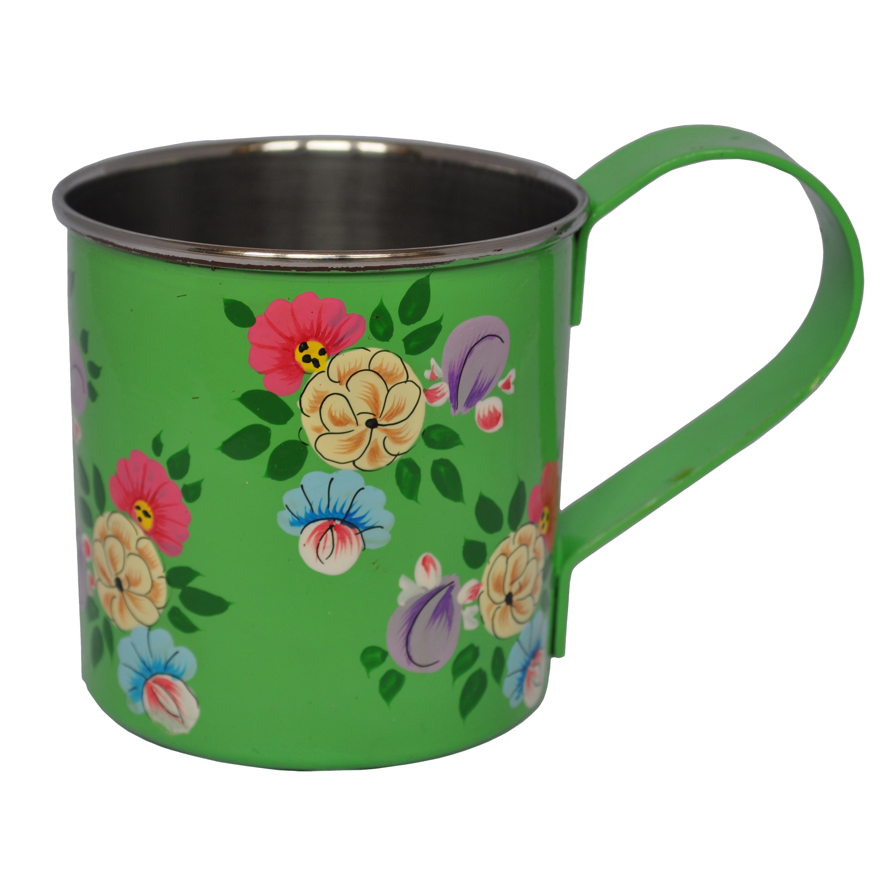 Bright Green Enamelware Mug with colour posy