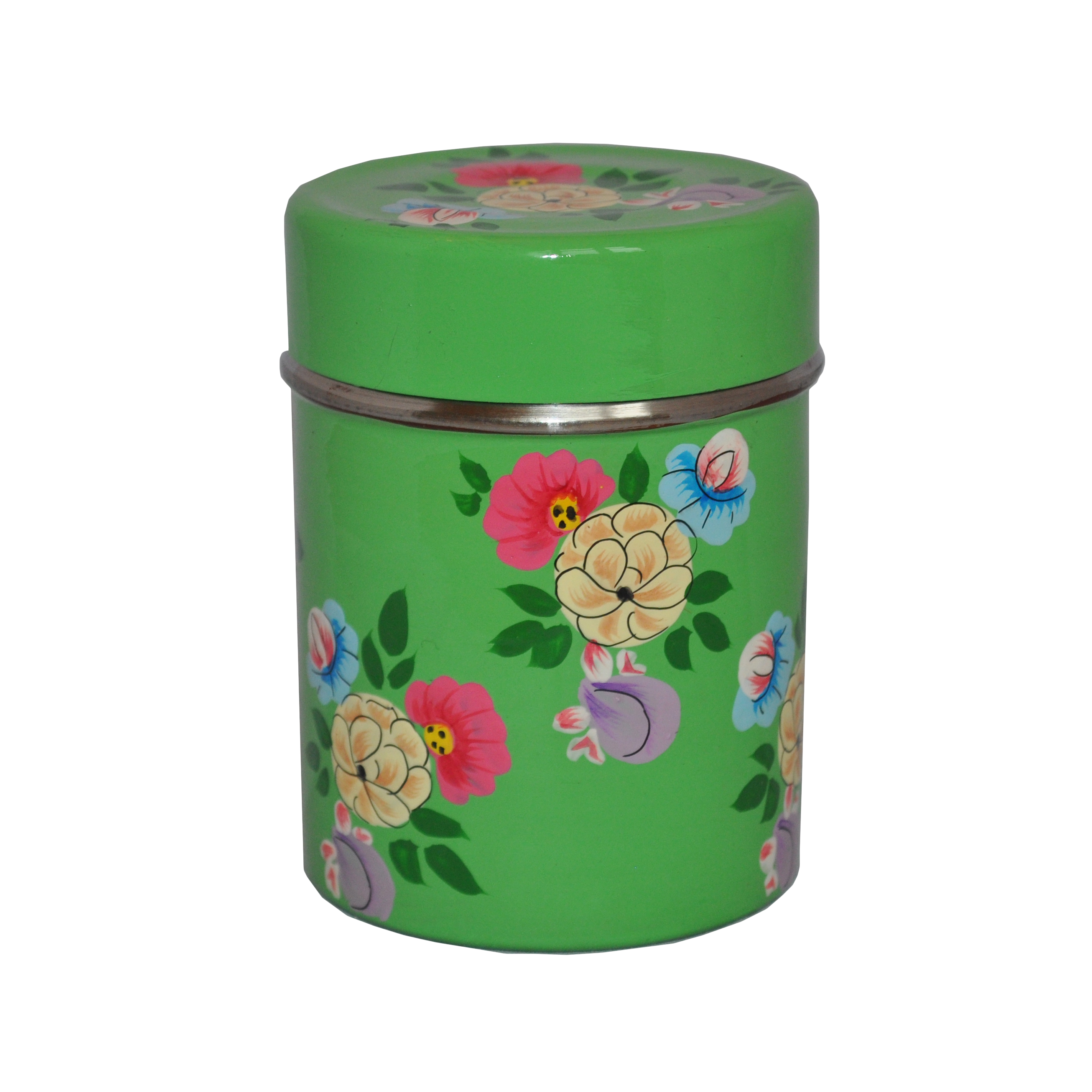 Bright Green Tea Caddy with colour posy