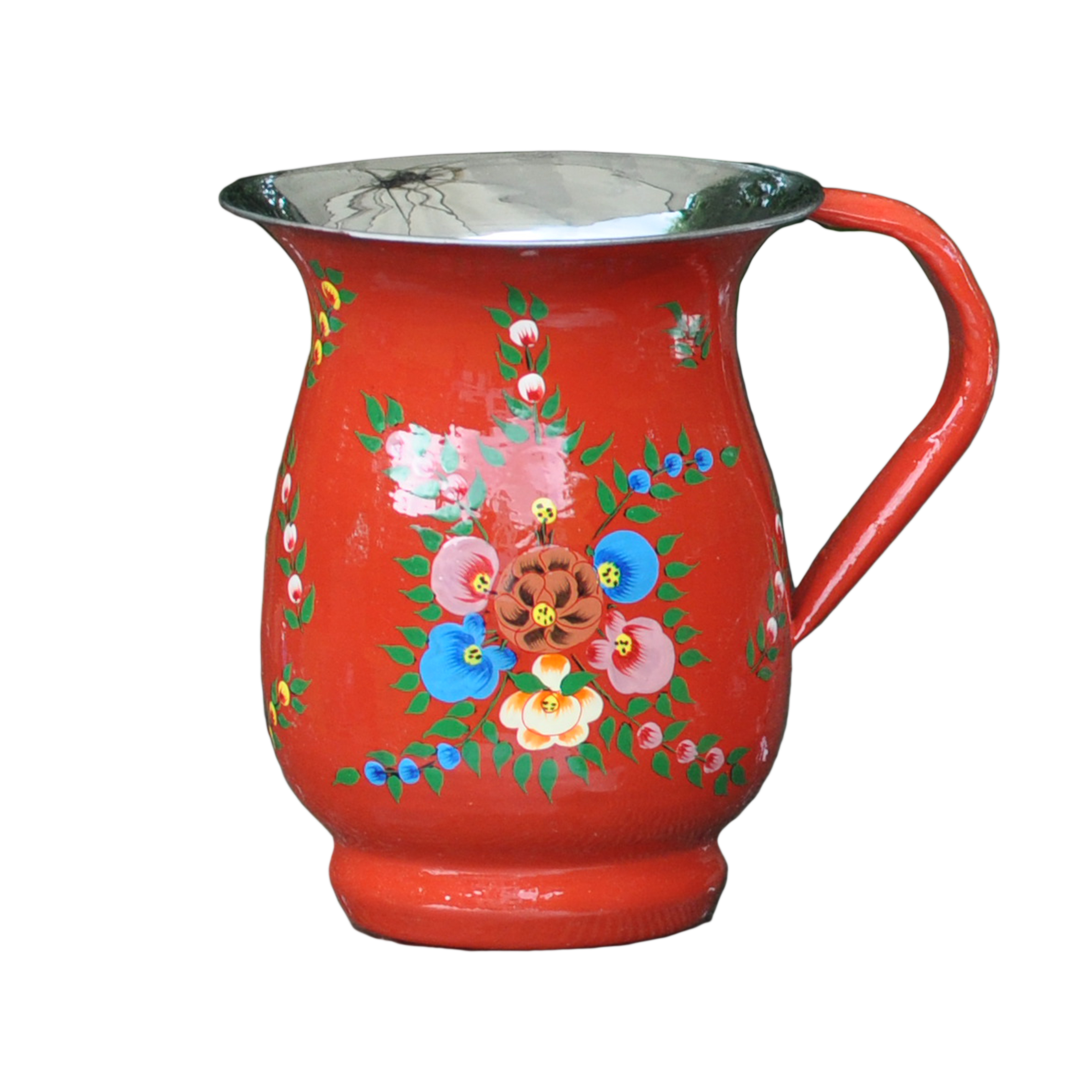Bright Red Enamelware Jug, floral splas