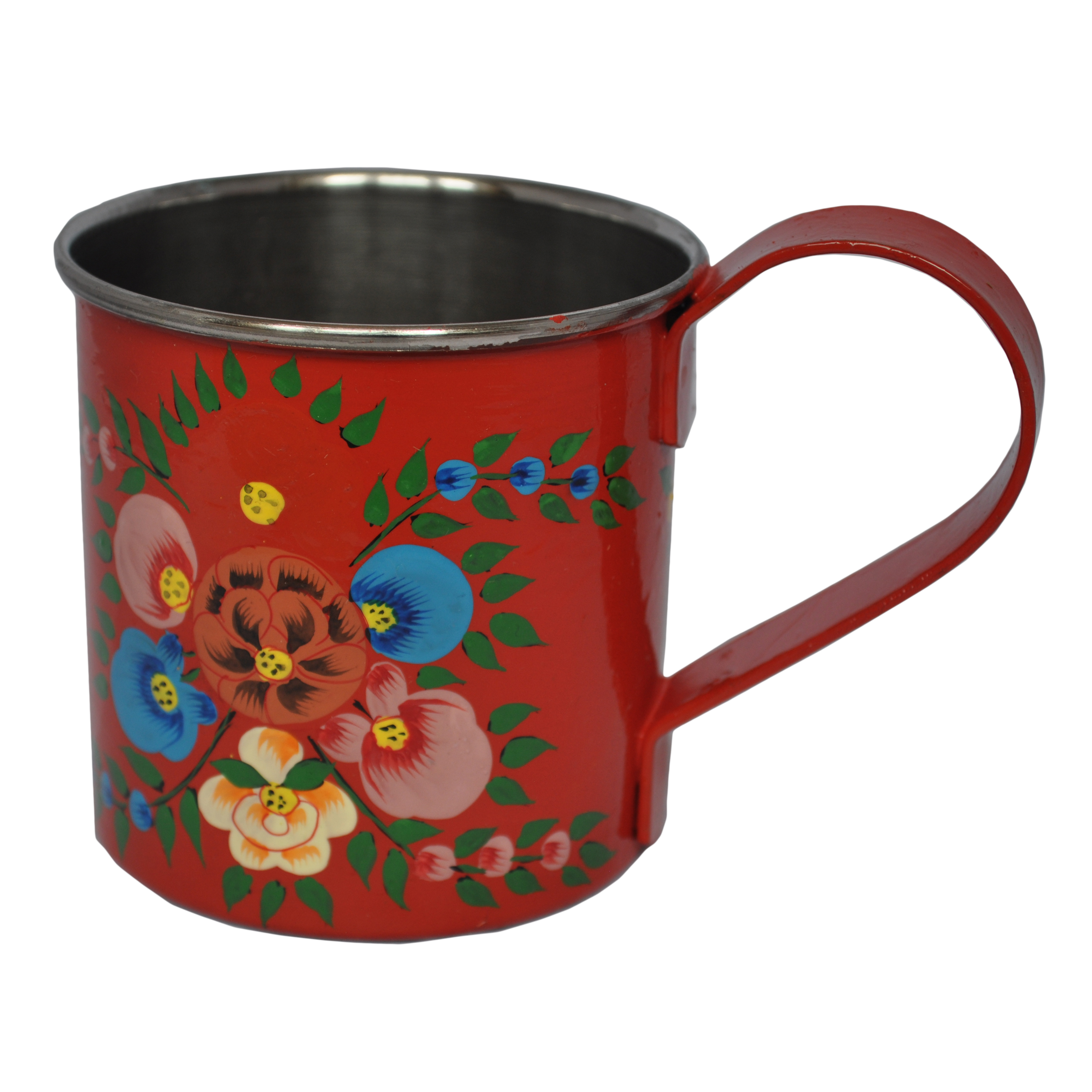 Bright Red Handpainted Enamelware Mug with floral splash