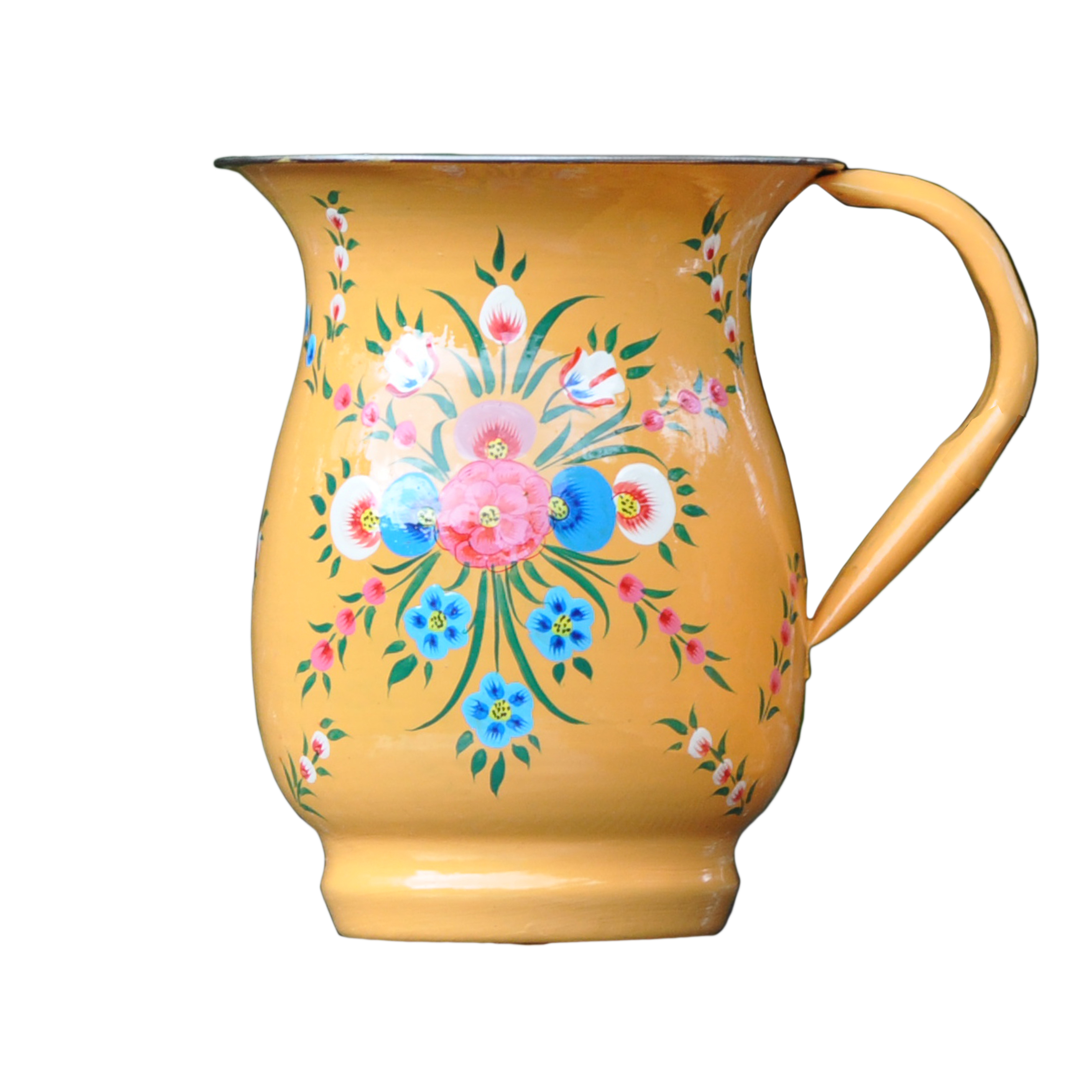 Mustard Yellow Enamelware Jug, floral splash