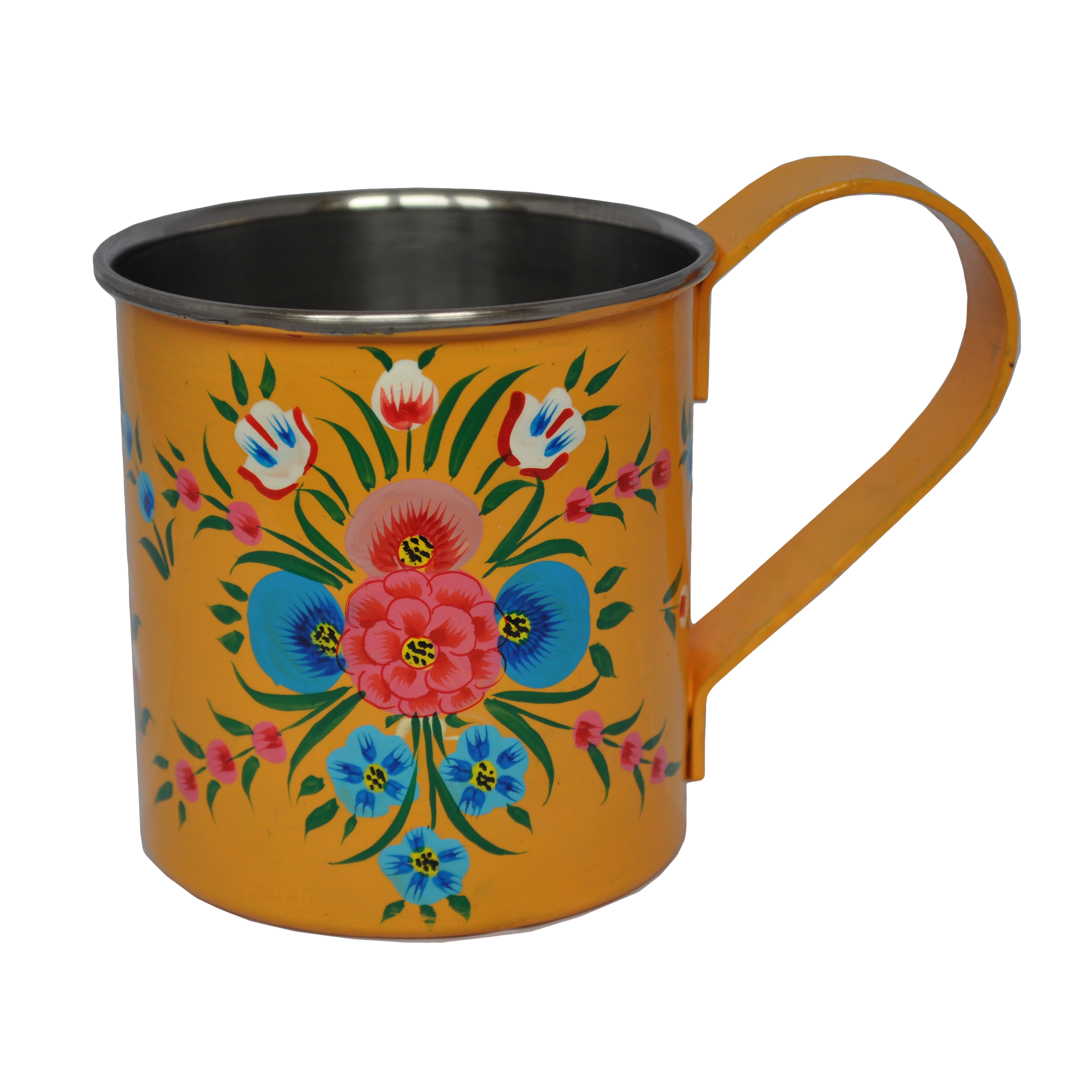 Mustard Yellow Handpainted Enamelware Mug with floral splash