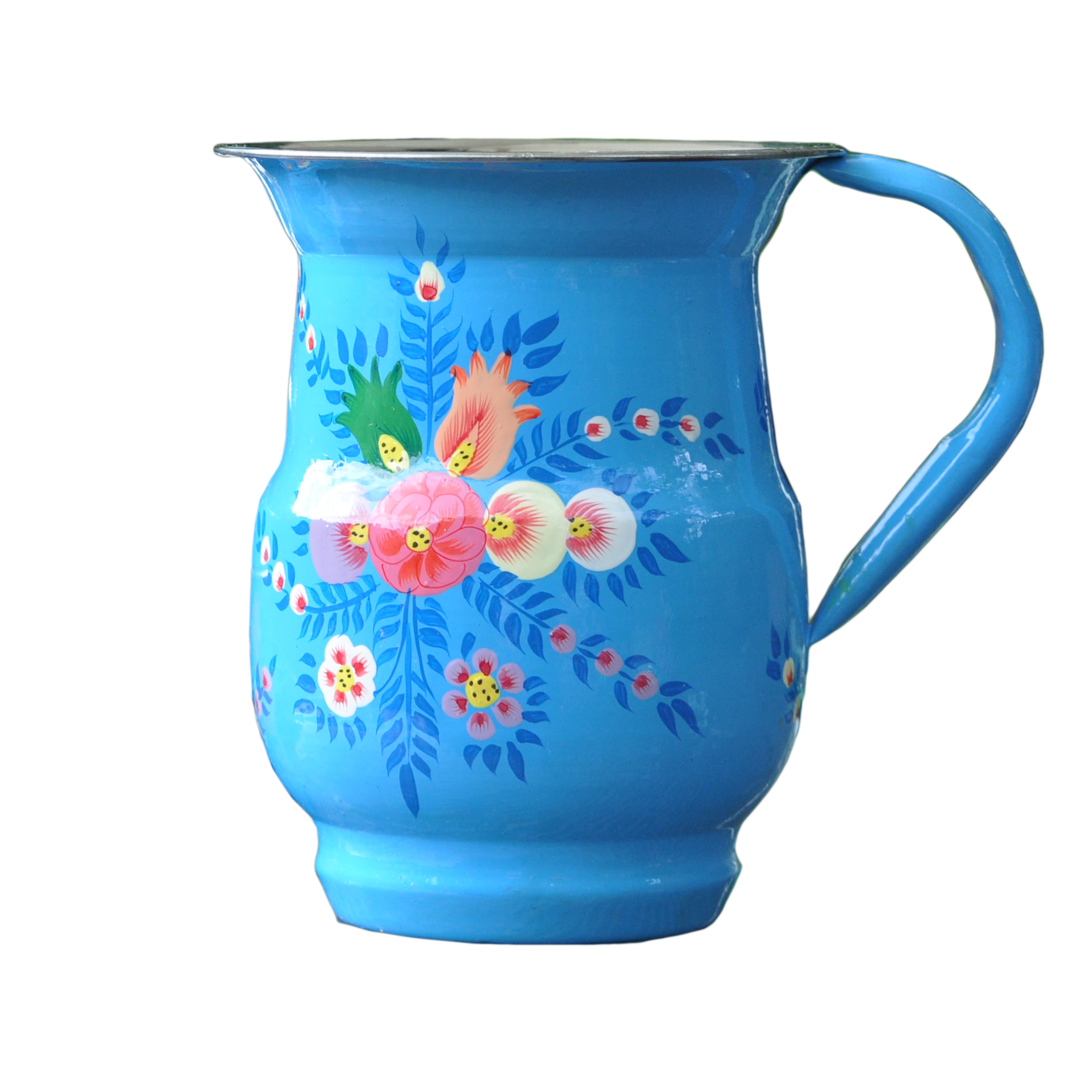 Bright Blue Enamelware Jug with floral splash