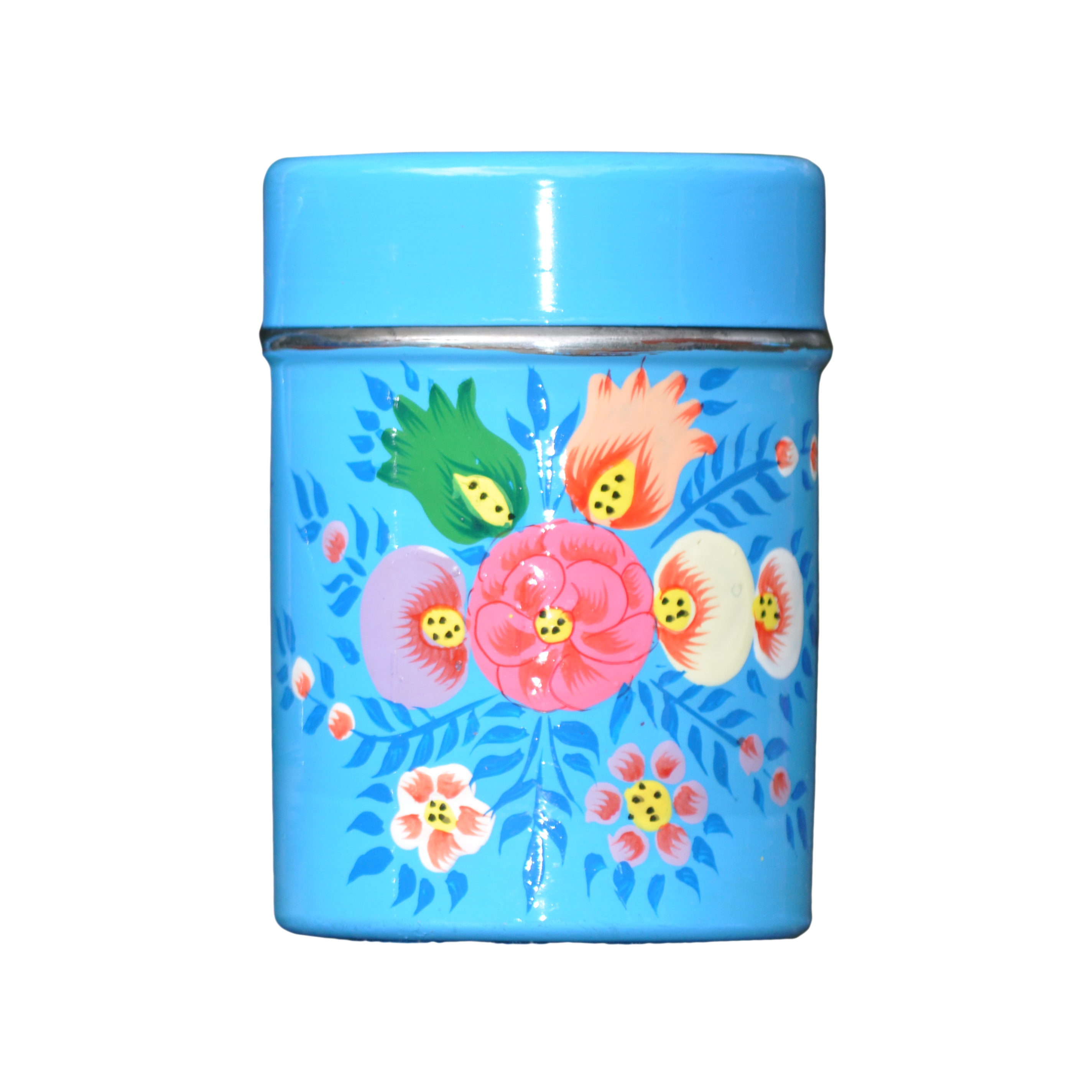 Bright Blue Tea Caddy with Floral Splash