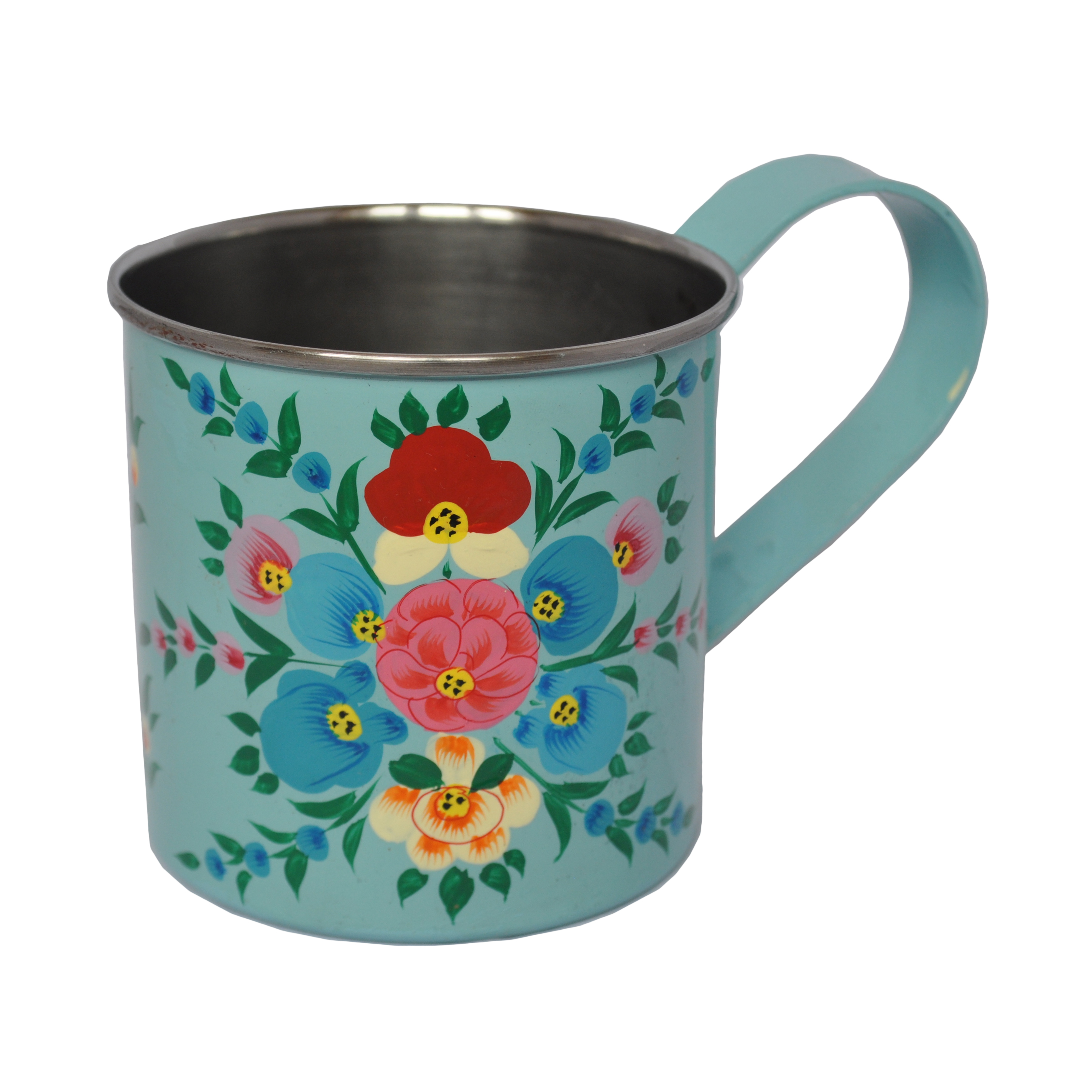Duck egg handpainted enamelware mug with floral splash