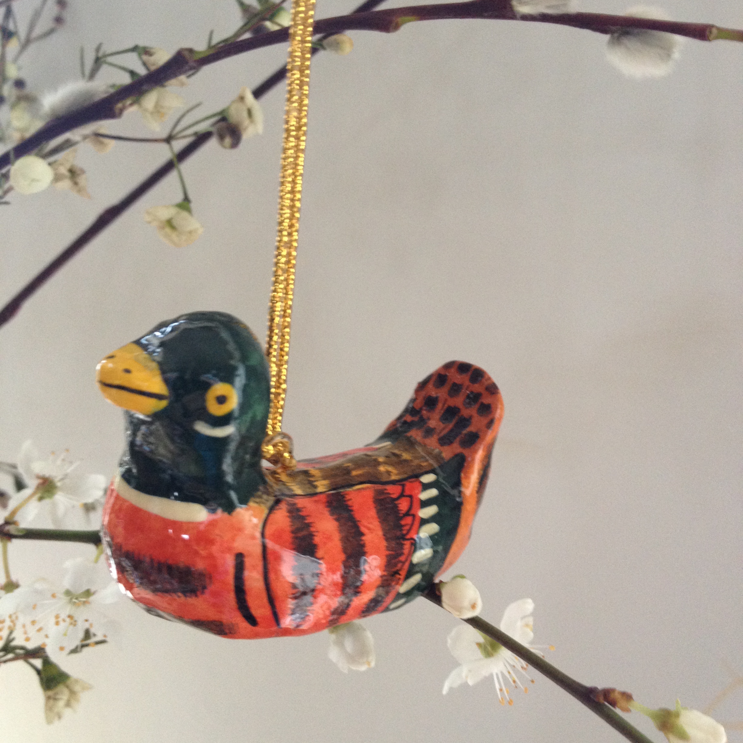 Hand Painted Papier Mache Bird Decoration - dark green head 
