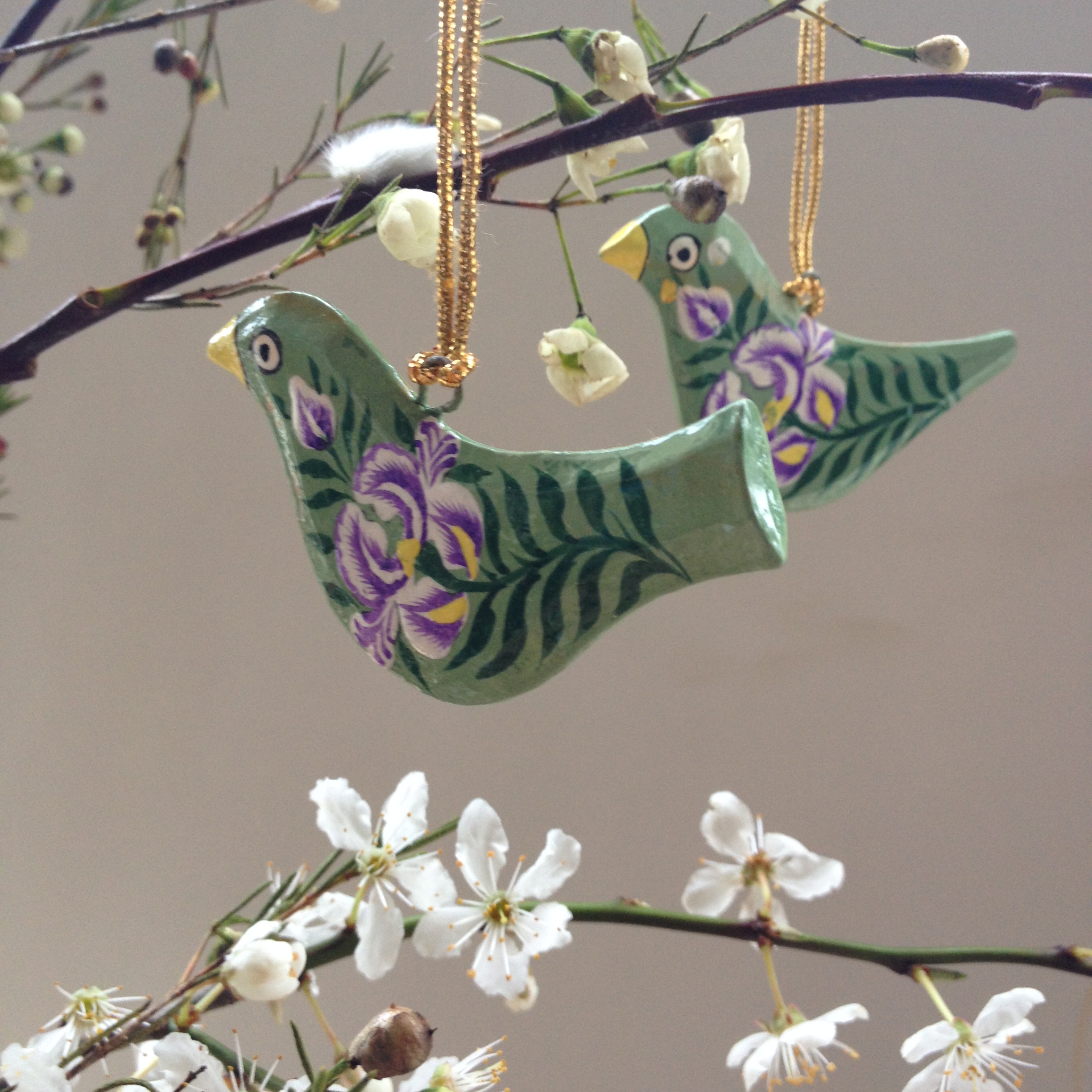 Hand Painted Papier Mache Green Bird Decorations 