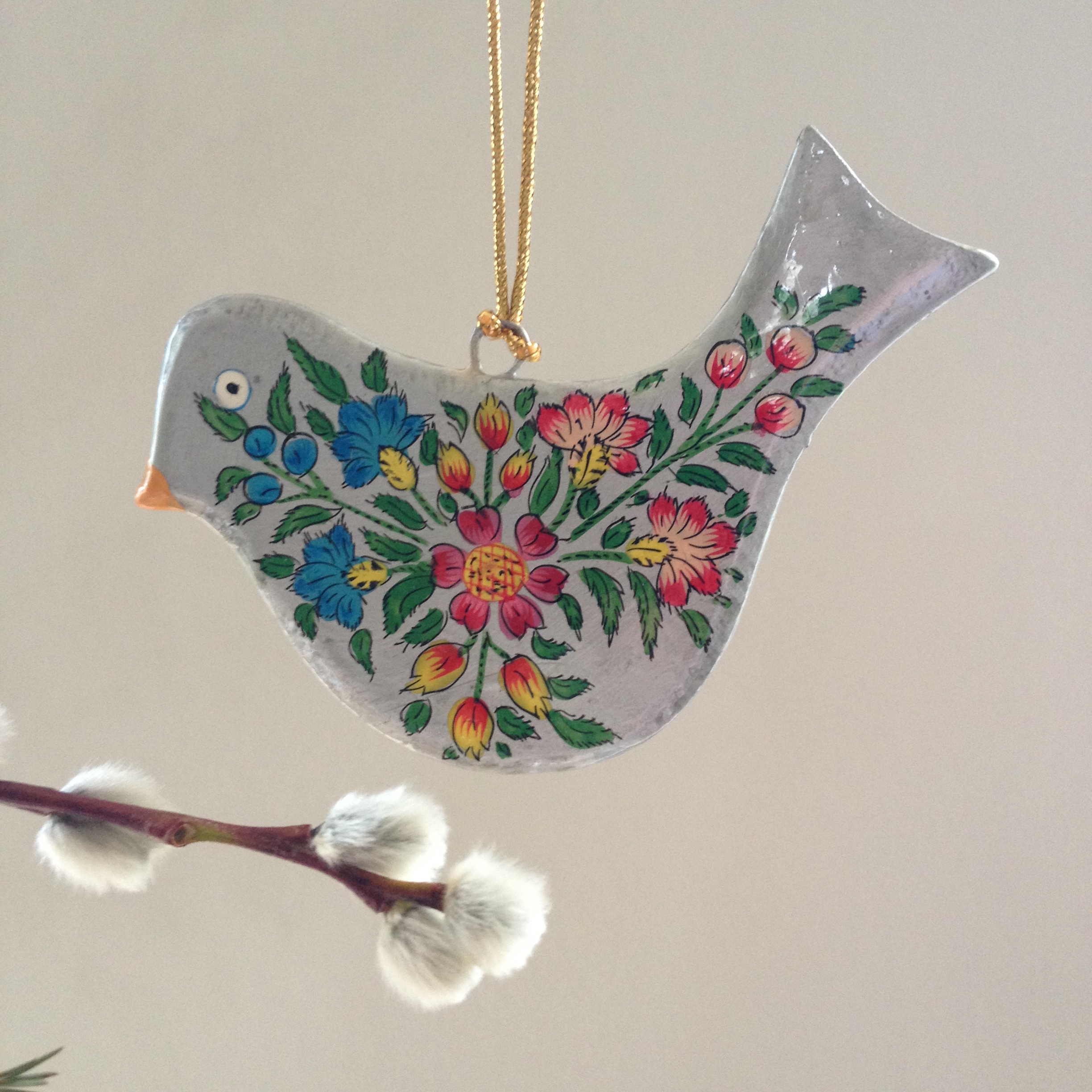 Hand Painted Papier Mache Silver Bird Decoration 
