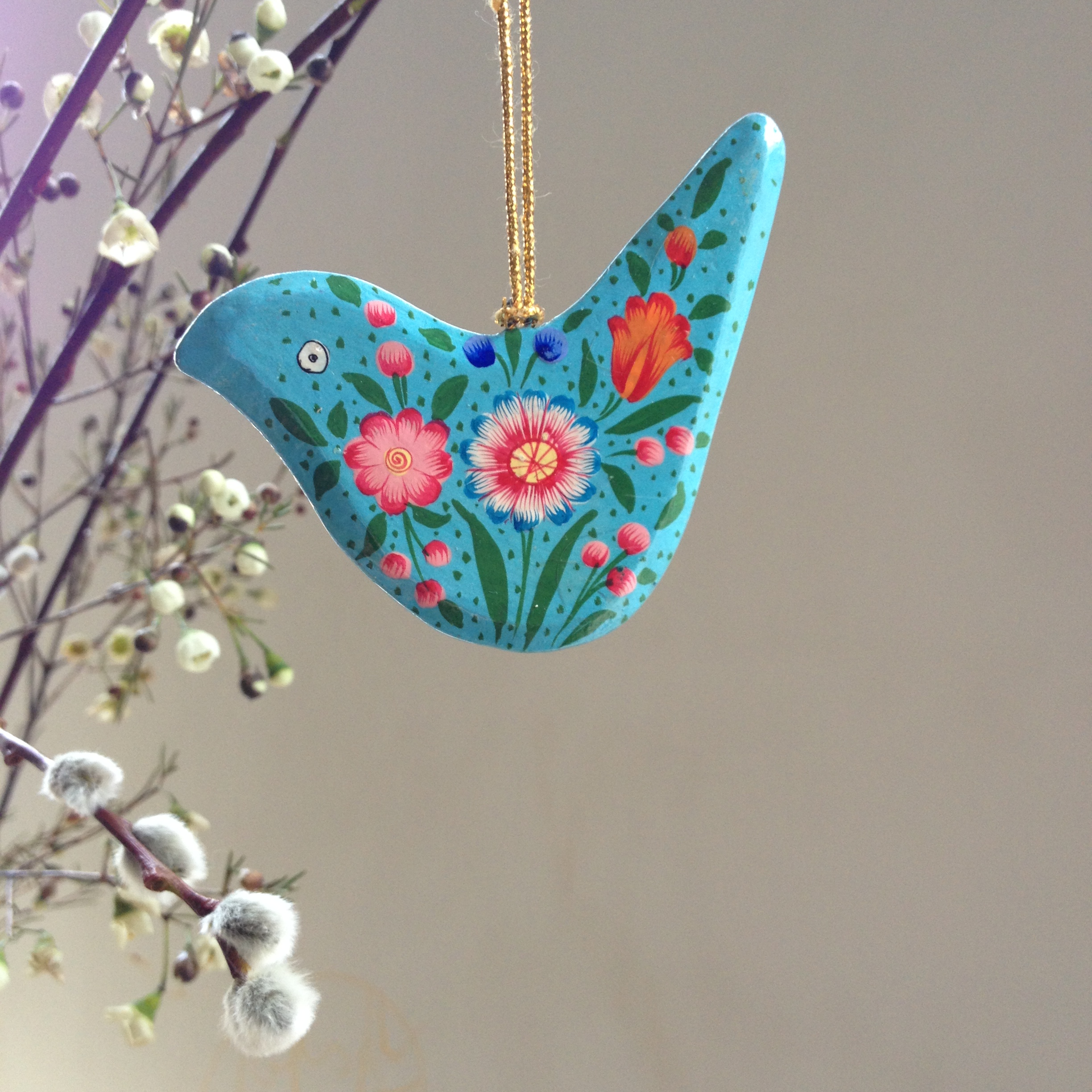 Hand Painted Papier Mache Bright Blue Bird 