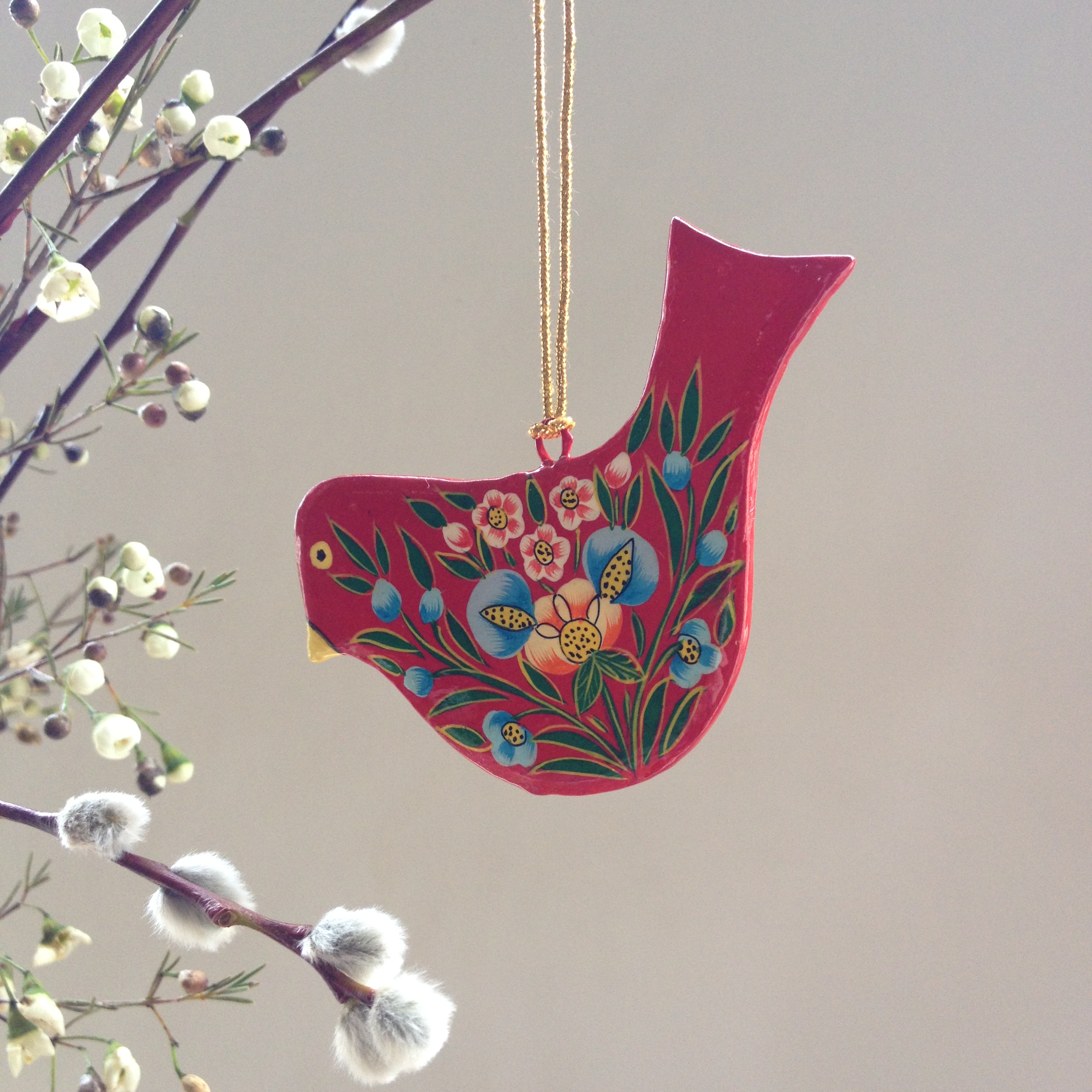 Hand Painted Papier Mache Red Bird Decoration 