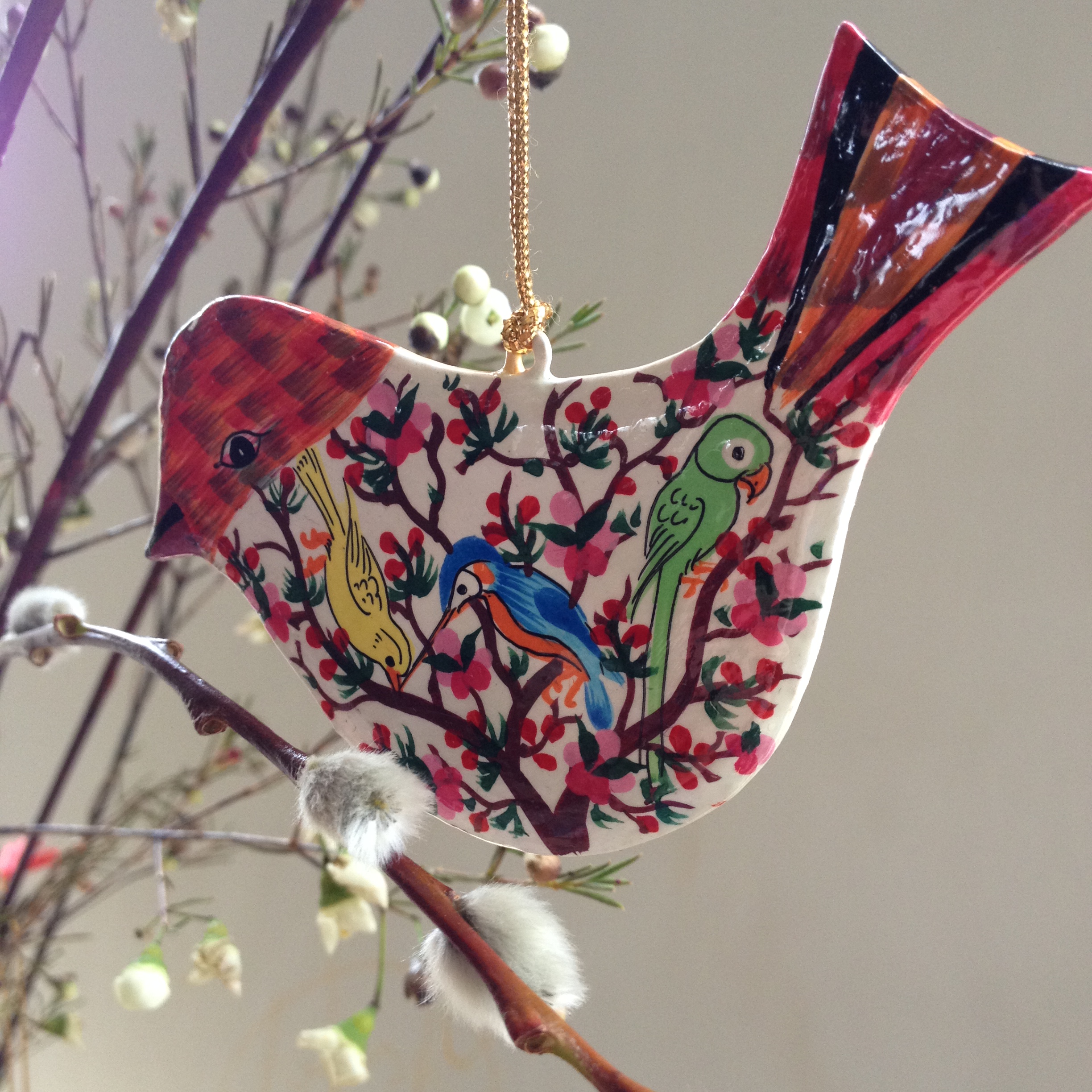 Hand Painted Papier Mache Multi Coloured Bird Decoration 