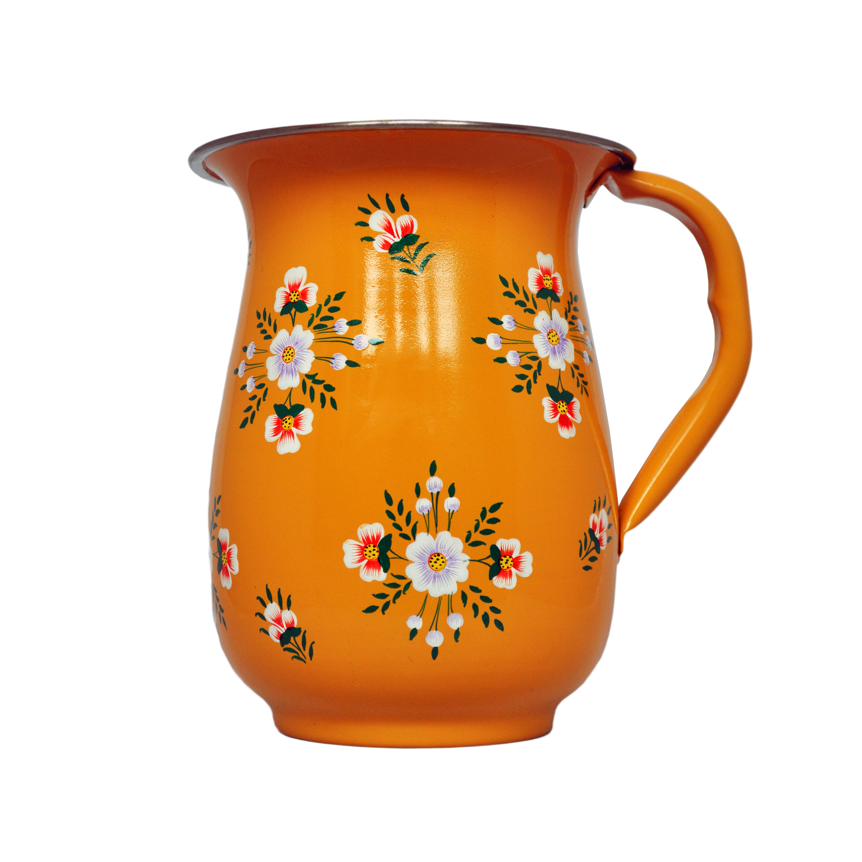 Hand Painted Enamelware  Jug in Tangerine with White Posy