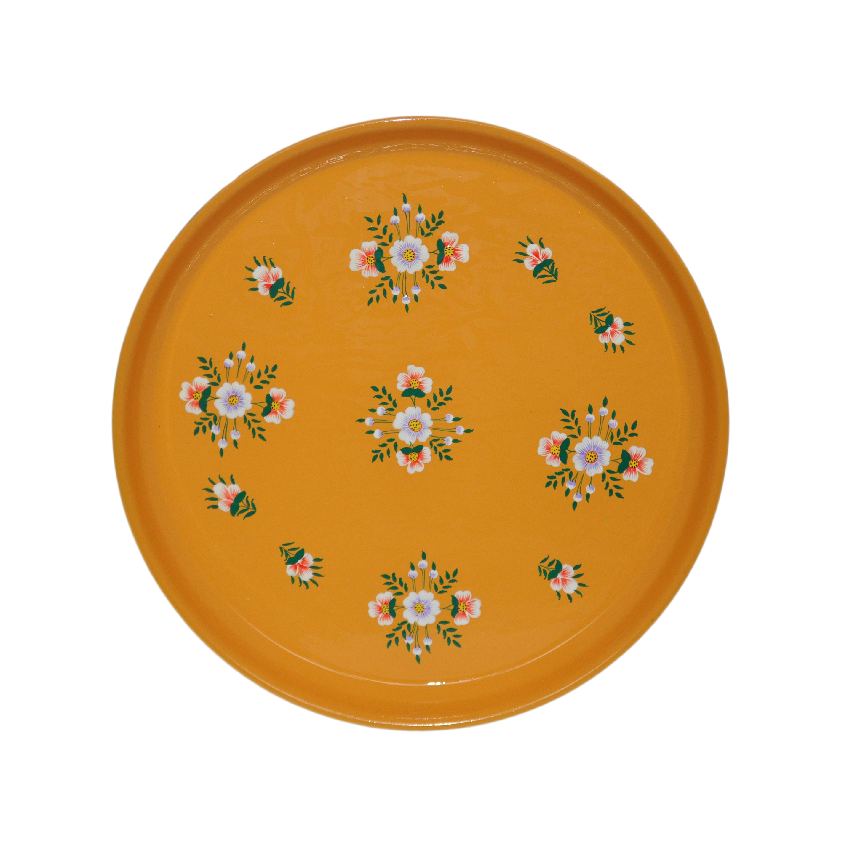 Hand Painted Enamelware Round Tray Tangerine with White Posy