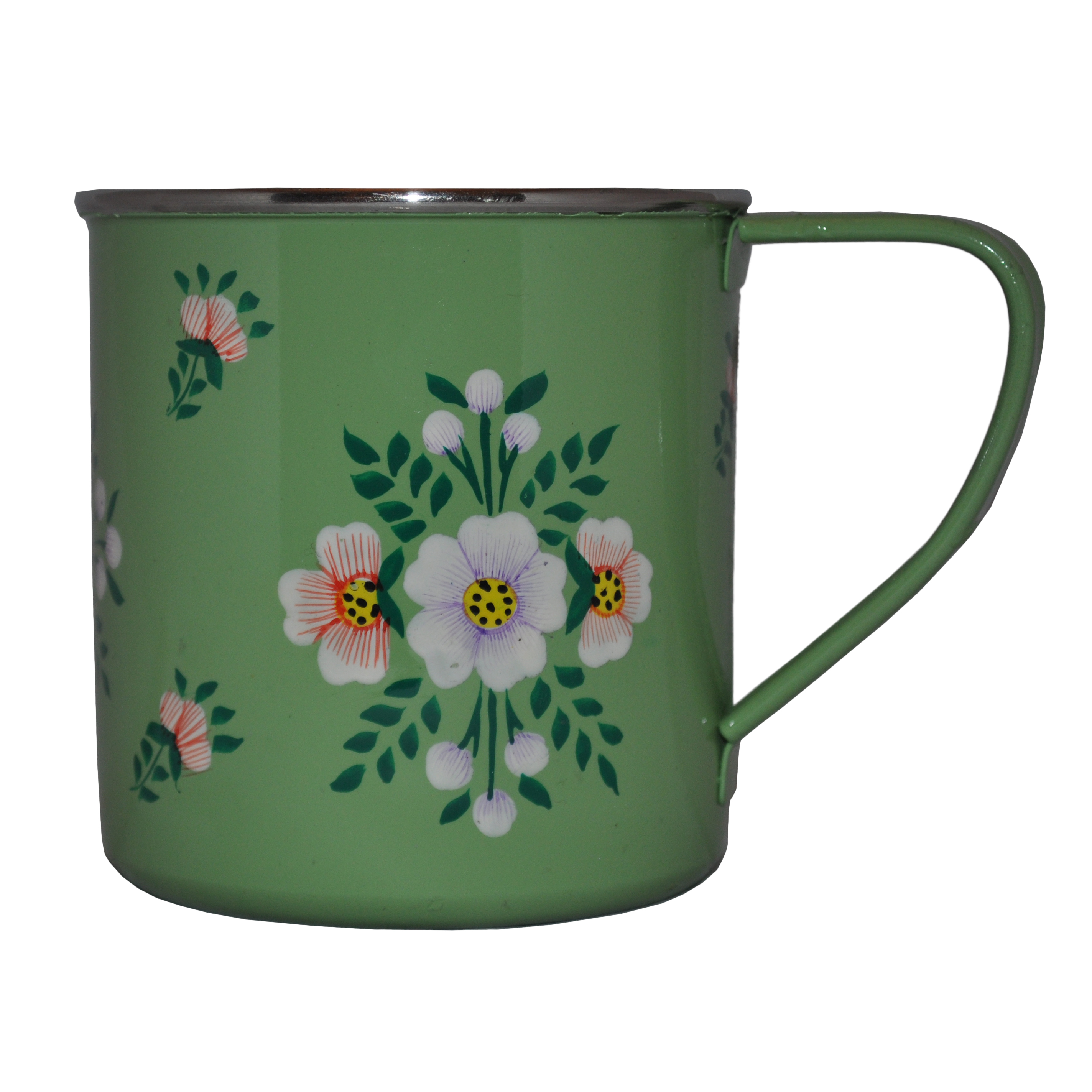 Hand Painted Enamelware Sage Green Mug with white posy