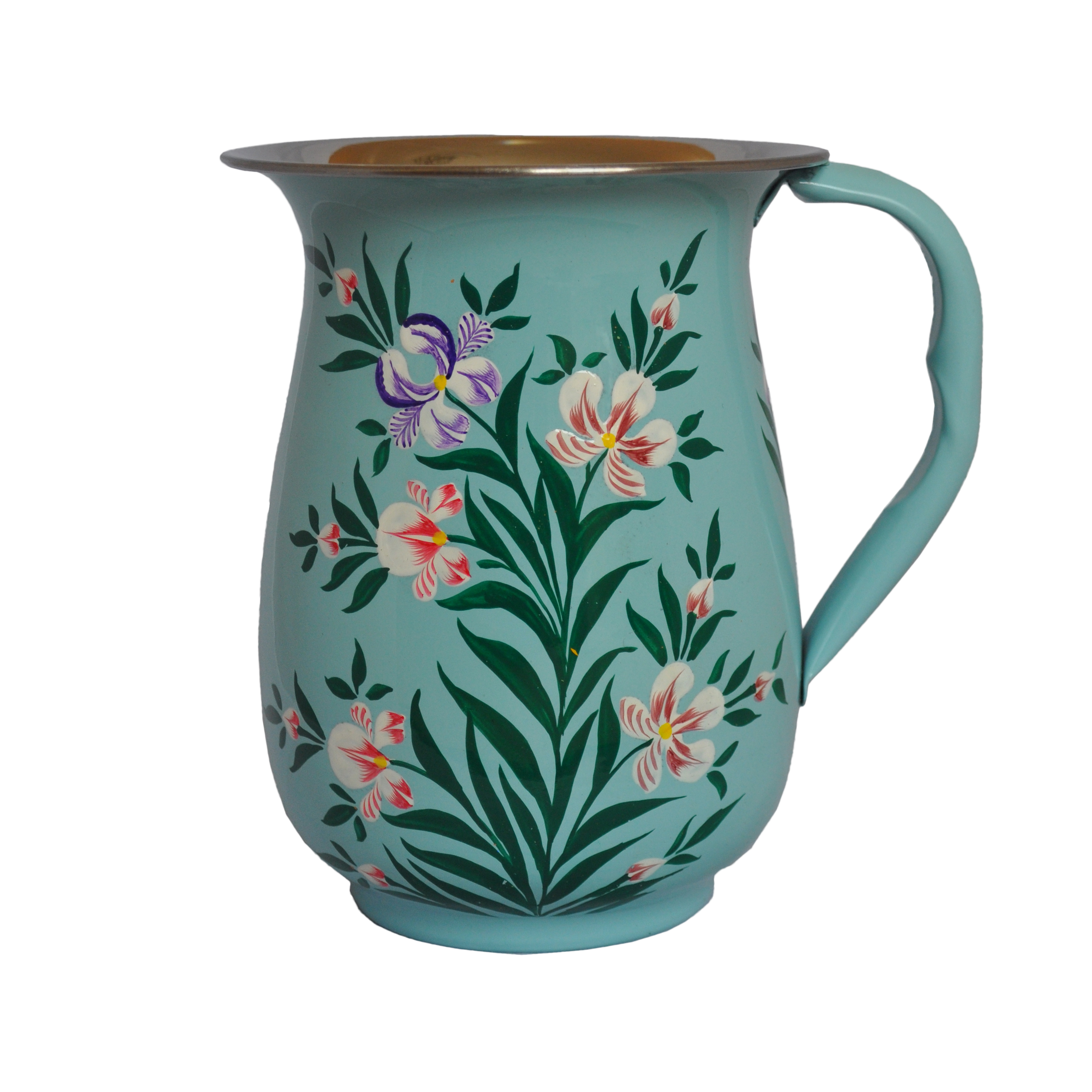 Hand Painted Enamelware Jug in duck egg blue with iris design