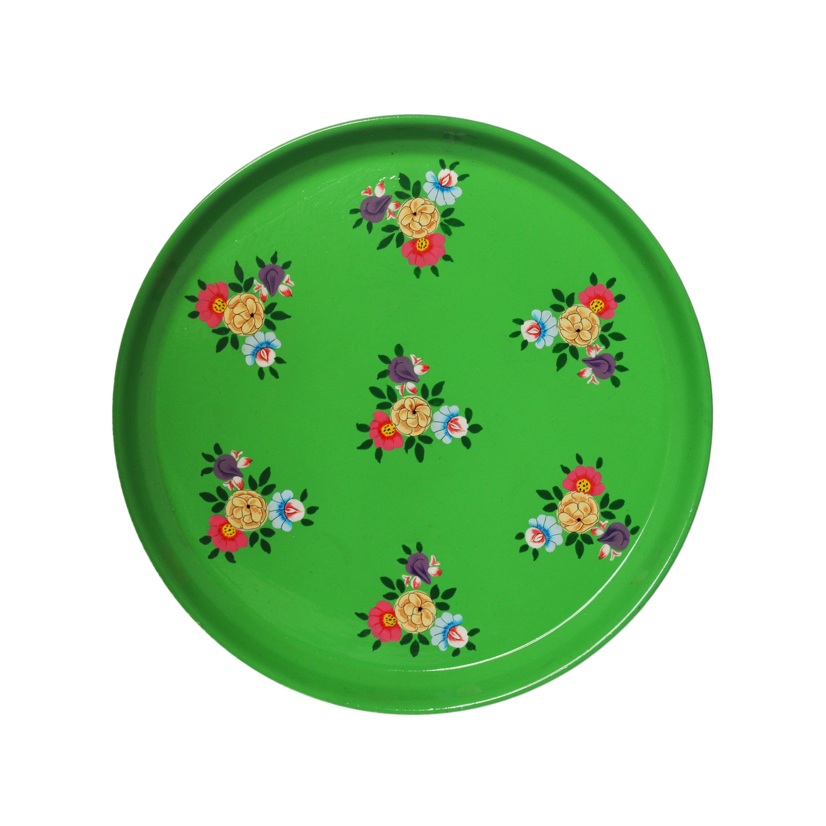 Hand Painted Enamelware Round Tray - Bright Green Colourful Posy
