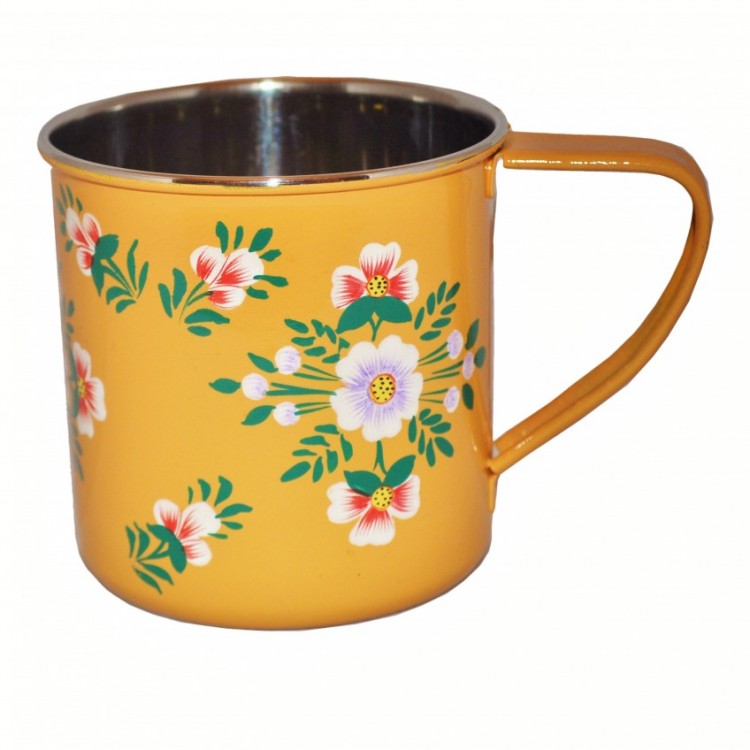 Tangerine White Posy Handpainted enamelware Mug