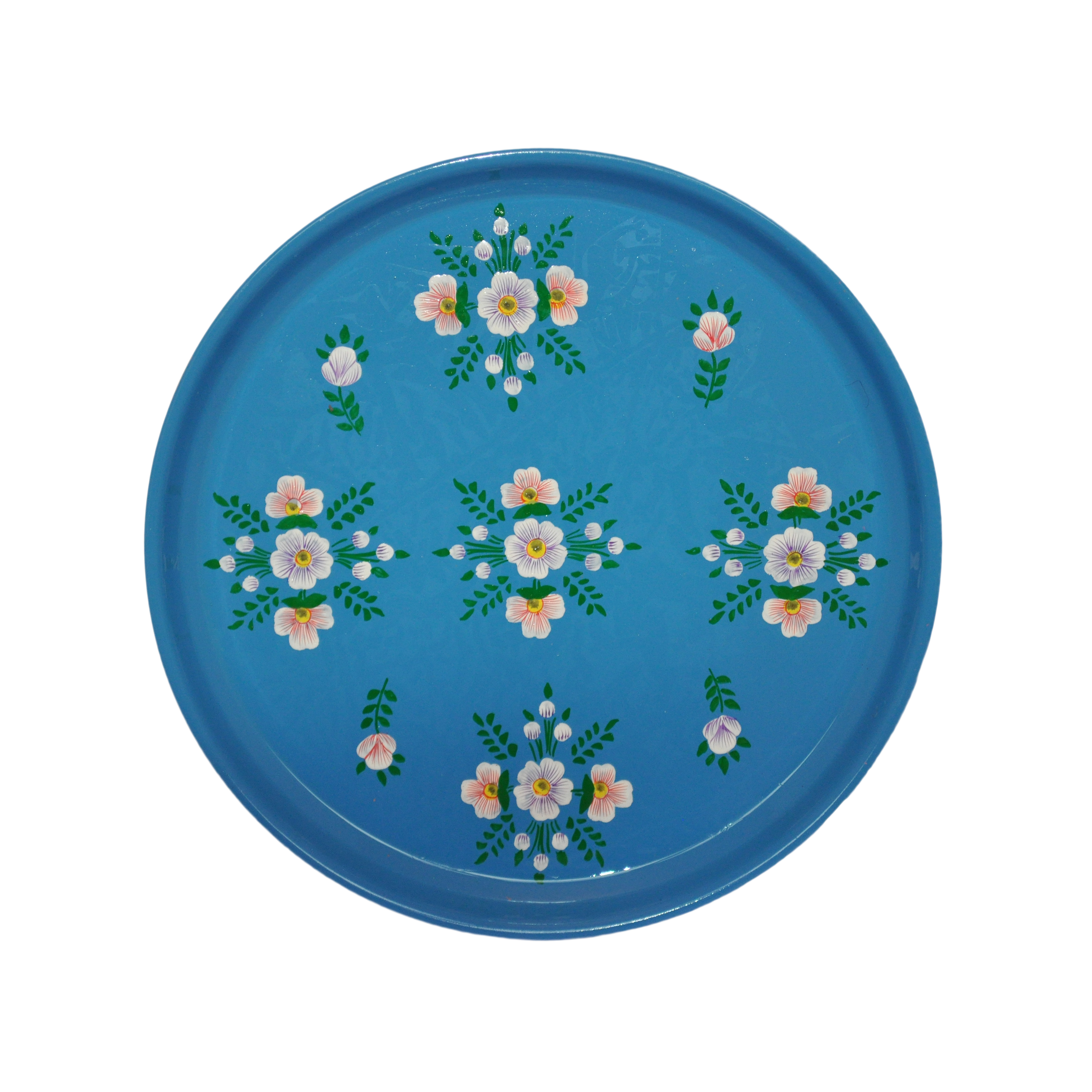 Round Enamelware tray Azure Blue White Posy