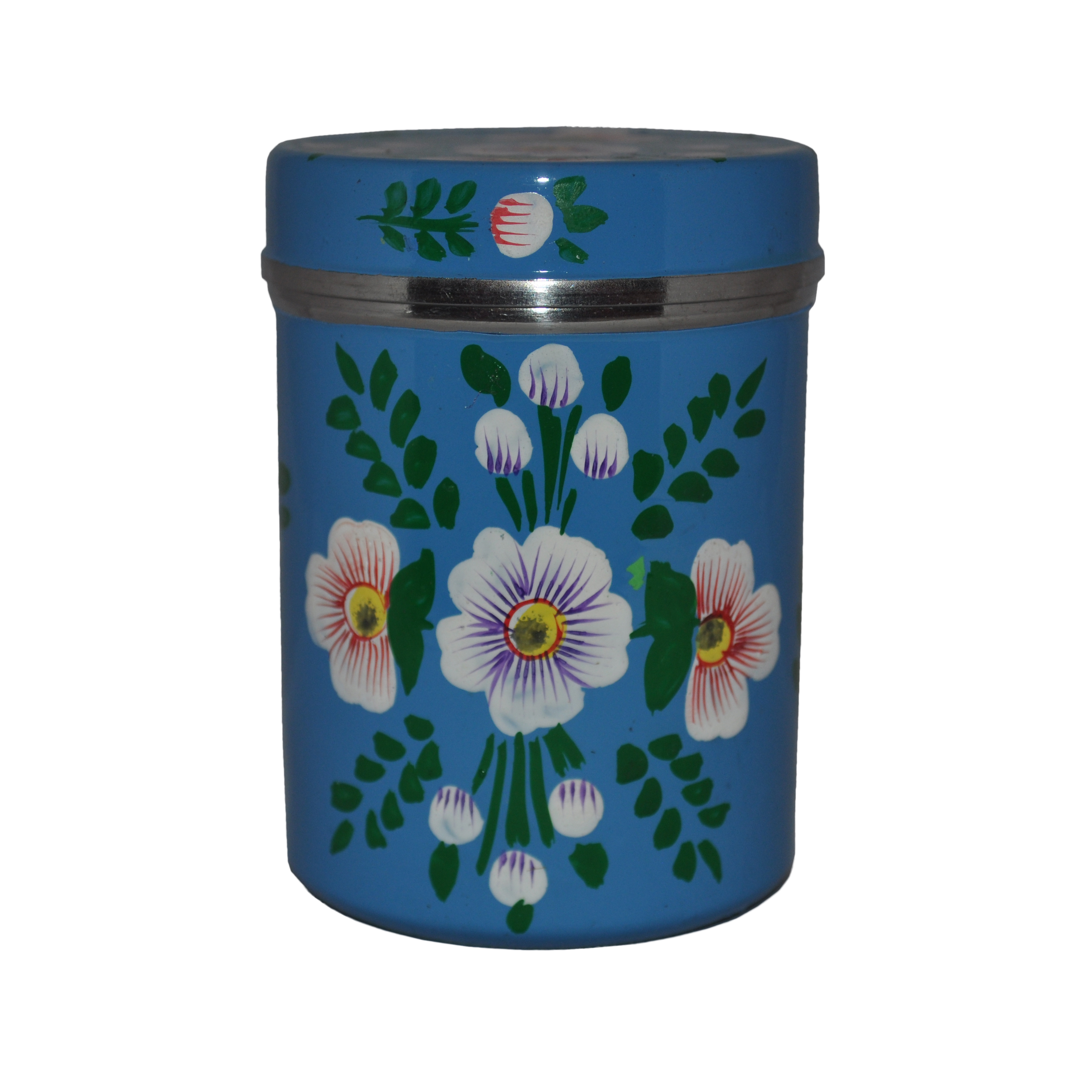Handpainted Large Enamelware Tea Caddy in Azure Blue White Posy